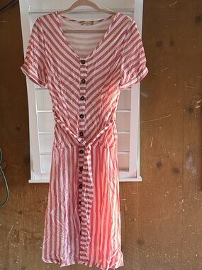 Altar'd State Pink and White Striped Midi Dress with Button Front
